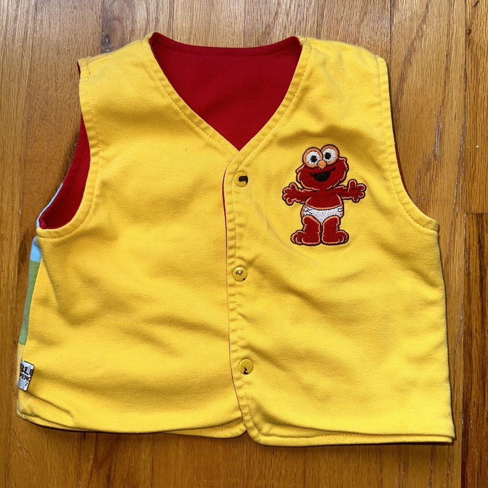 Vintage Sesame Street Vest Red Yellow‎ Reversible Baby Elmo Cookie Monster Bert